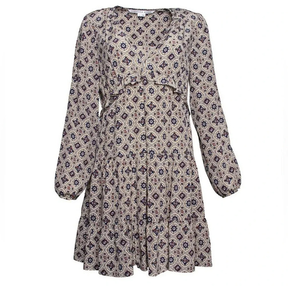 Veronica Beard Delray 100% Silk Long Sleeve Tiered Mini Dress Geometric Print 4 - Picture 3 of 9